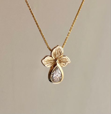 Pear shaped faceted moissanite, lab created, 14K yellow gold, wheat chain necklace Elegant Flower Pendant Jewelry With Single Cut Diamonds, Simple Diamond Pendants Designs, Gold Flower Pendant Jewelry For Wedding, Flower Pendent Set, Gold Jewelry With Rose Details In Flower Pendant Shape, Gold Flower Pendant With Single Cut Diamonds, Stylish Jewelry Accessories, Kids Gold Jewelry, Cute Promise Rings