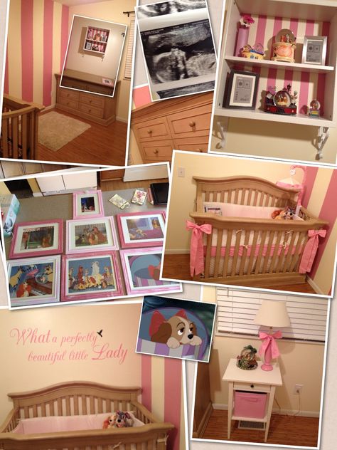 Lady and the Tramp nursery-if I have a little girl, this is it. I love lady and the tramp! Lady And The Tramp Baby Shower Ideas, Disney Baby Girl Nursery Themes, Lady And The Tramp House, Lady And The Tramp Nursery, Disney Marie Nursery, Marie Nursery Disney, Nursery Collage, Lady And The Tramp Decor, Green Baby Room