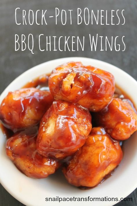 These crock-pot boneless chicken BBQ wings are fork tender and dripping in sauce. Save money have wing night in. Boneless Bbq Chicken, Wing Night, Desserts Cheesecake, Boneless Chicken Wings, Meat Bbq, Recipes Bbq, Boneless Wings, Bbq Chicken Wings, Dry Rubs