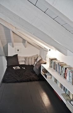 Reading Nook                                                                                                                                                      More Small Attic Bedroom, Small Attic Room, Attic Room Ideas, Design Ložnic, Attic Renovation Ideas, Attic Closet, Attic Playroom, Attic Loft, Small Attic