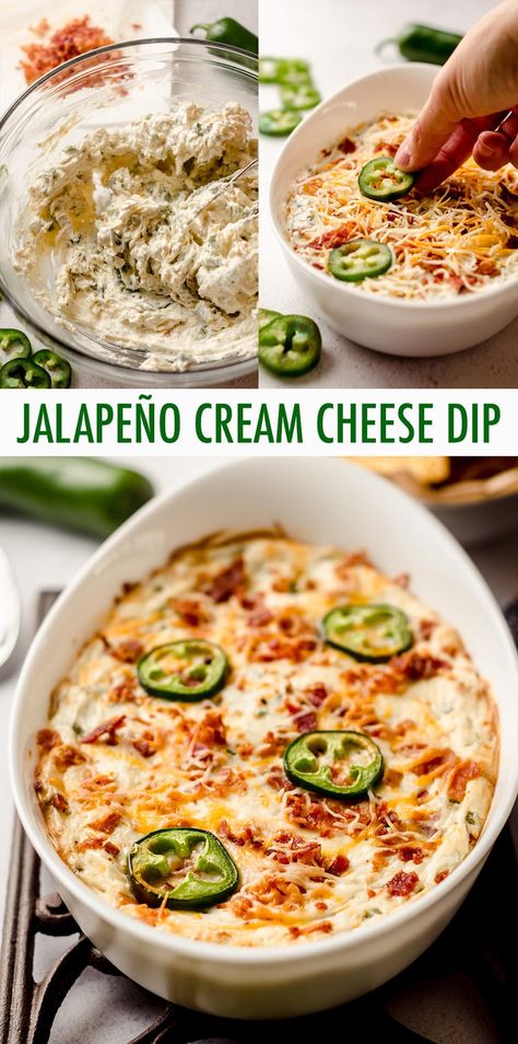 Cheesy, creamy, spicy jalapeño popper dip is the perfect appetizer or side for any Mexican dish. Serve with chips, vegetables, or as a topping. via @frshaprilflours Jalepeno Popper Dip Cream Cheese, Jalapeño Cream Cheese Appetizer, Jalapeno Popper Cheese Dip, Jalapeno Bacon Cream Cheese Dip, Spicy Chip Dip Recipes, Jalepeno Side Dish, Easy Spicy Appetizers, Spicy Jalapeno Dip, Spicy Potluck Dishes