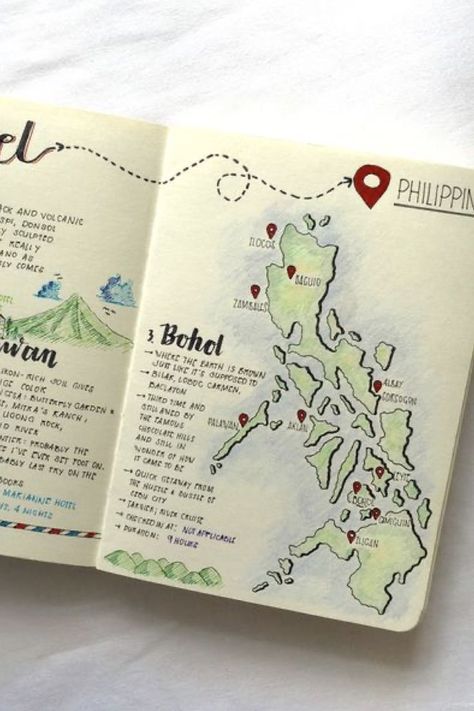 Journal de voyage - Séjour aux Philippines Study Abroad Journal, Travel Journal Prompts, Cute Valentine Ideas, Geography Project, Travel Art Journal, Diy Travel Journal, Photography Journal, Bullet Journal Design Ideas, Holiday Essentials