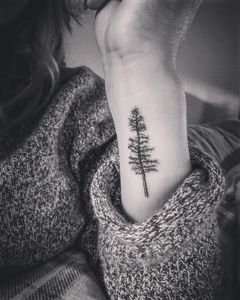 My new pinetree tattoo 🖤 Wrist Tree Tattoo, Pine Tattoo, Ear Tattoo Ideas, Pine Tree Tattoo, Tattoos Mandala, Tree Tattoo Designs, Sweet Tattoos, Wrist Tattoos For Women, Stylist Tattoos