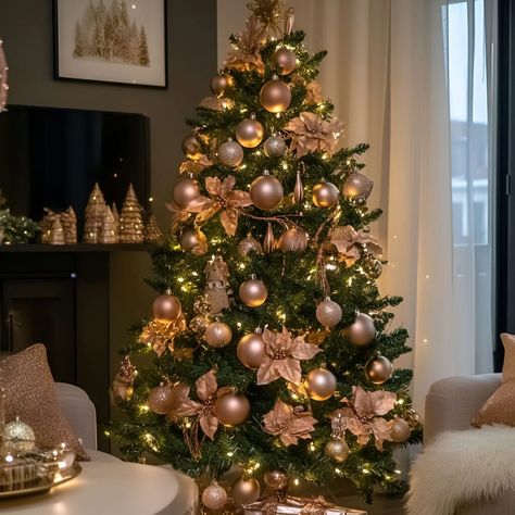 The rose gold Christmas tree delivers a sleek, festive look. Matching ornaments and gentle lighting enhance its soft, modern charm. Christmas Tree Decorations Rose Gold, Christmas Tree Rose Gold, Christmas Tree Roses, Gentle Lighting, Rose Gold Christmas Tree, Rose Gold Christmas, Soft Modern, Christmas Tree Inspiration, Gold Glam