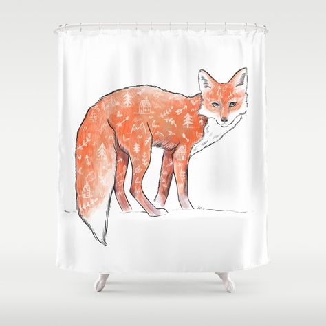 A forest fox Shower Curtain Watercolor Shower Curtain, Winter Shower, Woodland House, Woodland Scene, Patterned Shower Curtain, Decor Guide, Animal Figures, Red Fox, Bathroom Curtains