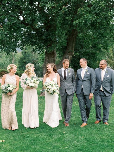 Grey Suit Champagne Dress, Wedding Pictures Small Bridal Party, Taupe Bridal Party, Gray Suit Wedding, Small Bridal Party Photos, Gray Wedding Suits, Small Wedding Party Photos, Grey Wedding Party, Small Bridal Party