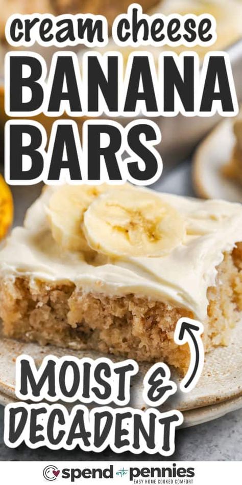 Make these delicious homemade banana bars with cream cheese frosting and watch them disappear! It won't take long to make these moist and tender bars and it is a great way to use up overripe bananas. And the ingredients are so simple - flour, butter, bananas, sugar, cinnamon, egg, and cream cheese for the frosting. These tasty little cakes can be made ahead, individually wrapped, and frozen for a quick take-along treat. Or bring them along to a potluck or party for a special homemade dessert. # Using Frozen Bananas For Banana Bread, Recipes For Frozen Bananas, Easy Banana Bars Recipes, Banana Desserts With Ripe Bananas, Frozen Banana Recipes Baking, What To Make With Ripe Bananas, Quick Banana Dessert, What To Do With Ripe Bananas, Recipes For Overripe Bananas