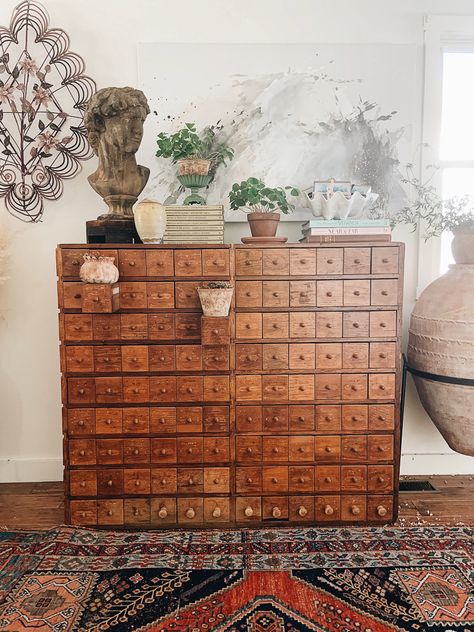 Eclectic Home Tour - Moss and Blue - Kelly Elko Antique Apothecary Cabinet, Antiques And Modern Decor, Witchy Office, Greek Revival Farmhouse, Apothecary Drawers, French Apothecary, Apothecary Chest, Cottagecore Life, Antique Apothecary