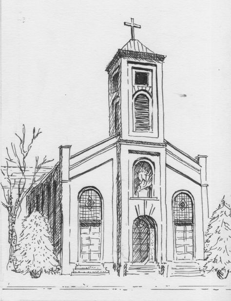 Community Drawing Sketch, Catholic Drawings Easy, Alter Drawing, Gothic Architecture Drawing Sketch, Old Church Drawing, Church Drawing Sketch, Churches Drawing, Building Illustration Sketch, Old Building Drawing