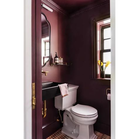 Farrow and Ball Brinjal 222 bathroom Red Downstairs Toilet, Farrow And Ball Brinjal Bathroom, Eggplant Powder Room, Farrow And Ball Burgundy, Purple Bathrooms Ideas, Plum Powder Room, Dark Purple Powder Room, Dark Red Powder Room, Dark Burgundy Bathroom