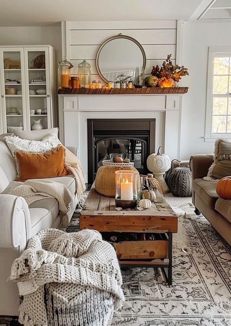 Modern Mixed With Antique Decor, Fall Dinnerware, Deco Fireplace, Stylish Halloween Decor, Autumn Room, Fall Living Room Decor, Fall Living Room, Cozy Fall Decor, Fall Decor Inspiration