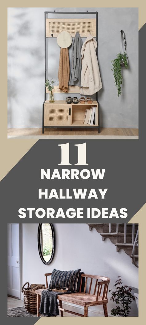 11 narrow hallway storage ideas End Of Hallway Ideas, Narrow Hallway Storage, Hallway Storage Ideas, Terrace Hallway, Hallway Transformation, Organize Small Spaces, End Of Hallway, Narrow Hallways, Narrow Entryway