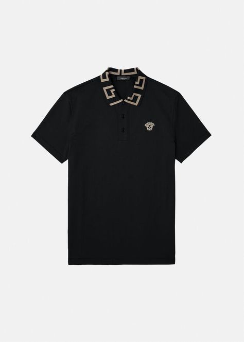 Shop or share your style of the product on ModeSens! Instantly recognizable, this cotton piquÃ© polo shirt features a metallic Greca pattern on the collar. The slim fit style is embellished with a subtle Medusa accent embroidered in gold-tone thread. Collar Polo Shirt, Versace T Shirt, Polo Shirts For Men, Luxury Clothes Men, Versace Home, Pique Polo Shirt, Versace Men, Luxury Clothing, Shirt Sale