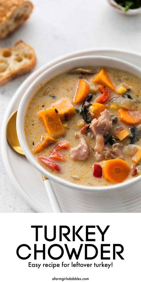 This easy Smoked Turkey Chowder is a delicious way to use up Thanksgiving leftover turkey. Made in a single pot, it's lightly creamy with a warm, smoky flavor, and loaded with tender sweet potatoes! Turkey Chowder, Turkey Rice Soup, Smoked Turkey Wings, Turkey Leftovers, Thanksgiving Leftover, Turkey Soup Recipe, Smoked Turkey Recipes, Thanksgiving Turkey Leftovers, Creamy Potato Soup