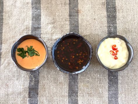 Sushi Sauce, Korean Chili Paste, Crispy Sweet Potato Fries, Thai Chili Sauce, Crispy Sweet Potato, Steamed Eggs, Dipping Sauces, Garlic Aioli, Spicy Mayo