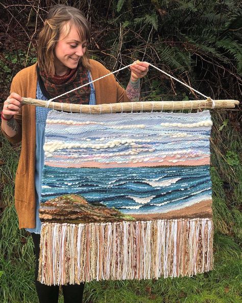 Wild Home Workshop on Instagram: “Pals, I had to keep this piece a secret for SO LONG! Commissioned over two months ago, and gifted just the other day, this large piece…” Woven Tapestry Art, Tapestry Loom Weaving, Ocean Tapestry, Art Yarn Weaving, Tapestry Loom, Basket Weaving Diy, Roving Wool, Weaving Loom Diy, Handwoven Tapestry