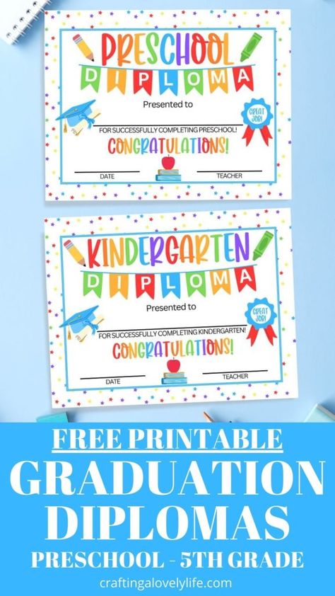 These free printable graduation diplomas are a fun keepsake that will make your kids feel so proud of themselves! The diplomas are available for preschool through 5th grade. Preschool Graduation | Preschool Diploma | Printable Preschool Diploma | Kindergarten Graduation | Kindergarten Diploma | Printable Kindergarten Diploma | First Grade Diploma | Second Grade Diploma | Third Grade Diploma | Fourth Grade Diploma | Fifth Grade Diploma Kindergarten Certificates Graduation, Preschool Diplomas Free Printable, Preschool Graduation Diploma, Kindergarten Diploma Free Printable, Preschool Diploma Printable Free, Preschool Certificates Free Printable, Kindy Graduation, Preschool Graduation Ideas, Preschool Graduation Certificate