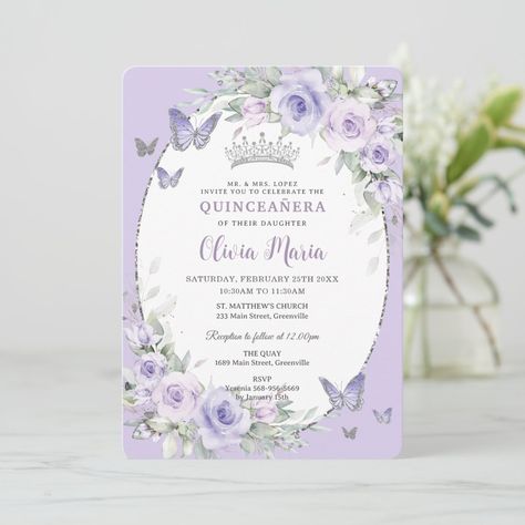 Lavender Quinceanera, Lavender Quince, Invitations Quinceanera, Quinceanera Nails, Quinceañera Invitation, Quinceañera Ideas, Quince Invitations, Butterfly Invitations, Silver Invitation