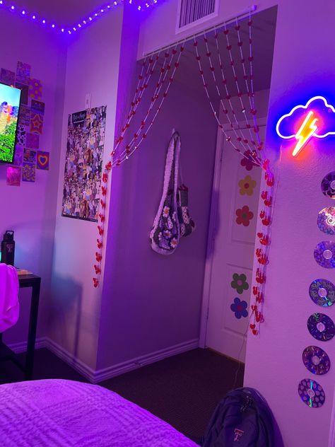 Dorm Room Ideas Y2k, Beaded Curtains Doorway Bedroom, Aesthetic Bedroom Door Decor, Dorm Room Ideas Neon, Light Dorm Room, Room Ideas Neon, Y2k Apartment Aesthetic, Y2k Curtains, Neon Dorm Room