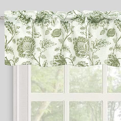 Green Kitchen Curtains, Jacobean Floral, Small Window Curtains, Small Window, Kitchen Valances, Decoration Styles, Insulated Curtains, Floral Leaves, Curtain Valance