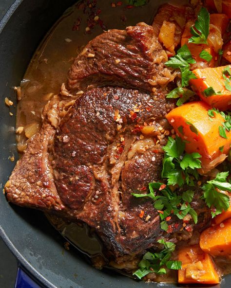 Instant espresso powder, crushed pineapple, crushed red pepper and more bring sweet heat to this pot roast and sweet potato dinner. Coffee Braised Pot Roast, Braised Pot Roast, Harvest Meals, Delicious Pot Roast, Sweet Potato Dinner, Instant Espresso, Best Pot Roast, One Pot Vegetarian, Slow Cooker Stew