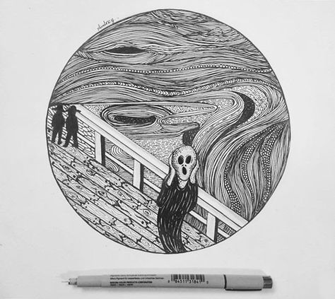 Rapid Art, Pencil Drawings Of Love, Famous Artworks, Stippling Art, Pen Illustration, Pen Art Drawings, The Scream, Edvard Munch, Famous Artwork