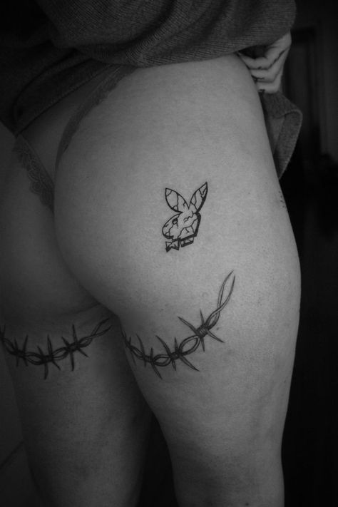 Fine Line Playboy Bunny Thigh Tattoo • Tattoo uploaded by Jeff Huet Playboy Tattoo Design, Panty Line Tattoo, Playboy Bunny Tattoo, Playboy Tattoo, Liverpool Tattoo, 11 11 Make A Wish, Bum Tattoo, Fine Line Art, Character Tattoos