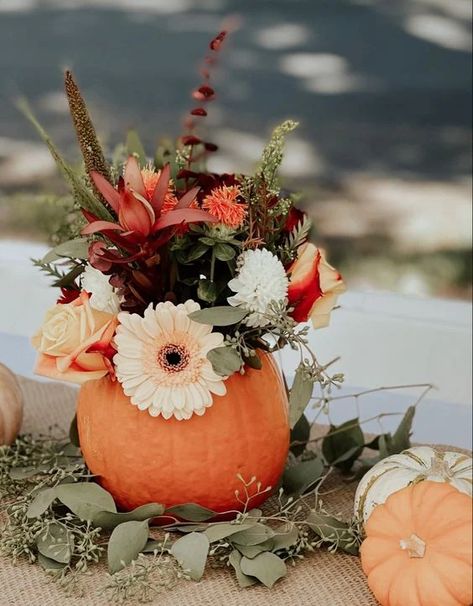 DIY Pumpkin Flower Arrangements: A Festive and Fun Way to Celebrate Fall Pumpkin Stuffed With Flowers, Pumpkin Bouquet Wedding, Fall Arrangements Floral Design, Pumpkin Flower Arrangements, Pumpkin Flower Centerpiece, Wedding Centerpieces Fall, Flower Pumpkins, Pumpkin Flower Arrangement, Pumpkin Centerpieces Wedding