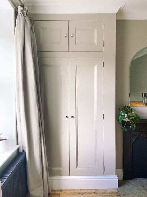 We had a large alcove in the bedroom at No. 8, which was crying out to be used for some built in storage. My husband Will built this Victorian-style wardrobe by framing out the alcove, and building the shell from MDF. We painted it in Farrow & Ball Elephants Breath Estate Eggshell, and i'm sure you'll agree it looks beautiful! It was so useful for storage, and completely transformed the room. Coloured Built In Wardrobe, Built In Wardrobe Ideas Victorian House, Alcove Cupboards Bedroom, Wardrobes In Alcoves, Built In Alcove Wardrobe, Wardrobe Alcove, Built In Wardrobe Ideas Alcove, Office Bedroom Combo, Bedroom Alcove