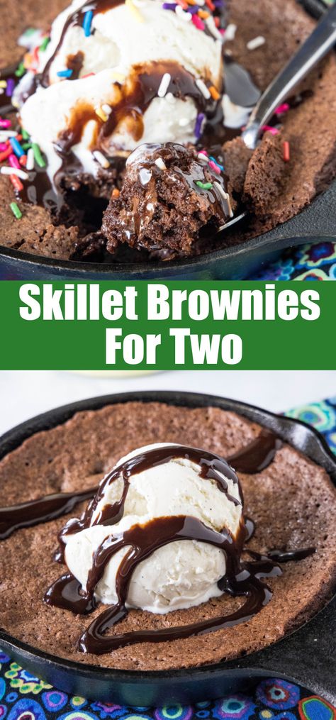 Skillet Brownie for Two - Delight in this small-batch brownie, baked right in a skillet for perfectly crispy edges and a gooey center. Brownie For Two, Homemade Cherry Sauce, After Dinner Dessert, Skillet Desserts, Skillet Brownie, Brown Sugar Bacon, Late Night Food, Dessert For Two, A Family Of Four