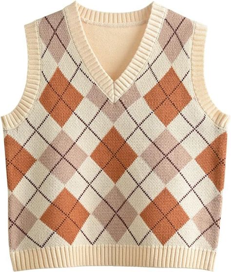 Autumn Clothes, Autumn Outfits, Fall Outfits Beige Orange Plaid Vest Edgy Retro, Plaid Sweater Vest, Vest Y2k, Argyle Vest, Knitted Crop Tank Top, Streetwear Sweater, Argyle Sweater Vest, Preppy Sweater, Sleeveless Sweater Vest