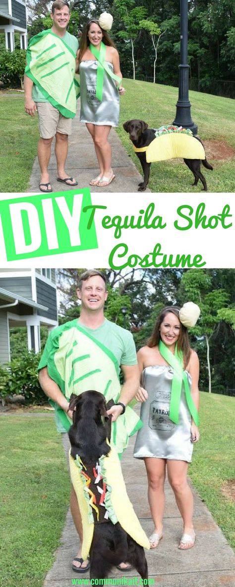 DIY Tequila Shot Costume (And Taco Dog!) - DIY Halloween Costume - Easy Halloween Costume Ideas - Couple Costume Ideas - Couple Halloween Costume Ideas - Family Costume Ideas For Halloween - Communikait by Kait Hanson Tequila Costume, Diy Frosty, Clever Couples Halloween Costumes, Taco Dog, Family Costume Ideas, Easy Halloween Costume Ideas, Couple Costume Ideas, Frosty Paws, Tequila Humor