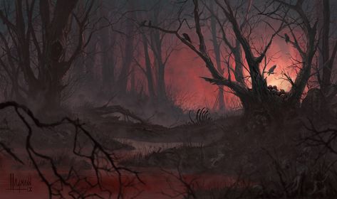 Blood Marsh, Randy Hagmann on ArtStation at https://www.artstation.com/artwork/xEdmO Creepy Background, Horned King, Cinema Lighting, Creepy Backgrounds, Environment Art, Mystical Forest, Cosmic Horror, Fantasy Forest, Fantasy Setting