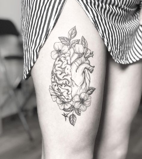 Mary Tereshchenko on Instagram: “Heart and brain ♥️+🧠” Anatomical Tattoos For Women, Brain Heart Flower Tattoo, Anatomical Heart And Brain Tattoo, Half Heart Half Brain Tattoo, Anatomical Brain Tattoo, Brain And Heart Tattoo, Heart And Brain Tattoo, Anatomical Tattoos, Train Tattoo