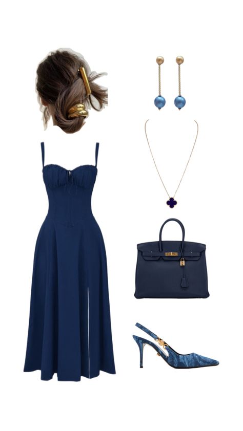 Navy blue outfit, elegant, Hermes bag, Versace heels, dress, summer dress Blue Outfit Elegant, Versace Heels Outfit, Bag Versace, Navy Blue Outfit, Versace Heels, Outfit Navy, Outfit Everyday, Outfit Elegant, Heels Dress