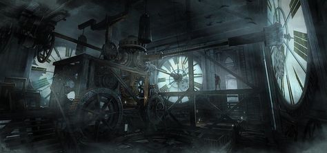 Clock tower interior Steampunk Tendencies, Concept Art World, Game Concept Art, Steampunk Art, Clock Tower, Environment Design, Story Inspiration, Dieselpunk, League Of Legends