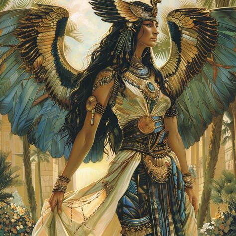 Try this in Midjourney :  The egyptian goddess Isis wearing a flowing gown adorned with intricate patterns, accentuating her regal stature. Her vulture headdress represent her connection to the sky and the earth. The facial expression is serene, with her gaze imbued with compassion and understanding. The gown contains rich blues, gold and white. The scenery is a lush garden where flowers are blooming under towering palm trees. --v 6.0  #isis #midjourney #goddess Nekhbet Egyptian Goddess, Anuket Goddess, Goddess Reference, Necromancer Book, Egyptian Goddess Art, Flowing Gown, Ancient Mesopotamia, Egyptian Mythology, Goddess Energy