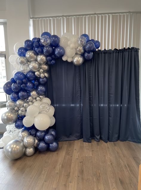 Blue And Silver Prom Decorations, Fifty Shades Of Blue Party, Dark Blue And Silver Birthday Theme, Blue And White Backdrop, 50th Birthday Party Centerpieces, Family Reunion Decorations, Confirmation Party, Blue Birthday Parties, Birthday Party Centerpieces