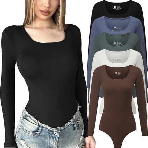 PRICES MAY VARY. Premium fabric: long sleeve bodysuit for women is made of ultra-soft, breathable, and stretchy fabric that is gentle on the skin. With its high elasticity and superb fit, the ribbed bodysuit hugs your curves in all the right places, giving you an ultimate second-skin experience Tanga bottom, 2 snap buttons butt closure at crotch Versatile Mix & Match: If there’s a singular wardrobe staple that does all the heavy lifting, it’s the bodysuit. You can easily pair it as a top with je Long Sleeve Body Suits, Body Suits Outfits, Bodysuit Black Outfit, Body Suit Outfits Jeans Casual, Long Sleeve Bodysuit Outfit, Body Suit Long Sleeve, T Shirt Bodysuit, Winter Bodysuit, Black Bodysuit Outfit