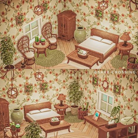 Acnh Rattan Bedroom, Acnh Cozy House, Acnh Antique Cottage, Bertha Animal Crossing, Bungalow Of Cozy Baskets Acnh, Farmcore Bedroom, Acnh Main Room Ideas, Anch Designs, Cozy Baskets