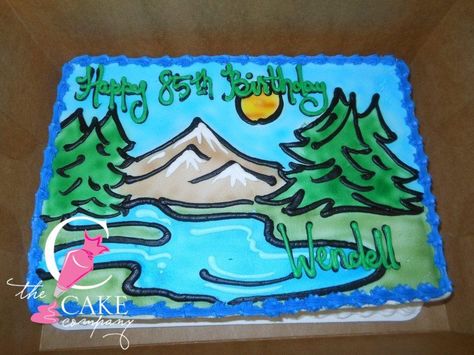 Camping birthday cake Camp Cake Birthday, Camping Sheet Cake, Camping Sheet Cake Ideas, Camping Cake Ideas, Camp Cake Ideas, Fun Sheet Cake Decorating Ideas, Camping Cake Ideas Simple, Camping Birthday Cake, Nature Cake