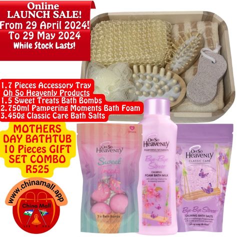 🎉✨ Exciting Announcement! 🎉✨ Introducing the China Mall Online Shop launch: the 7-Piece Accessory Tray featuring Oh So Heavenly Products! 🛍️✨ Treat Mom to a luxurious spa experience this Mother's Day with our exclusive bundle, including: - 5 Sweet Treats Bath Bombs 🍬🛁 - 750ml of Pampering Moments Bath Foam 💖🌸 - 450g of Classic Care Bath Salts 🛁✨ Give the gift of relaxation and indulgence with our carefully curated collection. 🎁✨ Download the China Mall App now to shop and pamper Mom like n... Oh So Heavenly Products, Oh So Heavenly, Bathtub Gifts, Bath Salt Gift Set, Bath Salts Gift, Bath Foam, Customer Gifts, Kitchen Plate, Bath Accessories Set