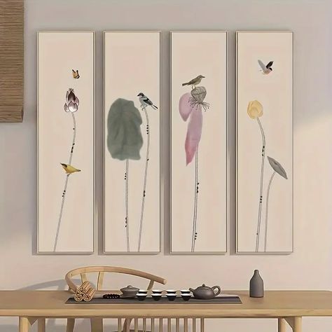 Set 4 Piezas Pintura En Lienzo Tinta Flores Pájaros Chinos - Temu Spain Wall Painting Living Room, Chinese Flower, Flower Canvas Art, Hal Decor, Abstract Painting Print, Bird Canvas, Feather Decor, Flower Bird, Decorating With Pictures