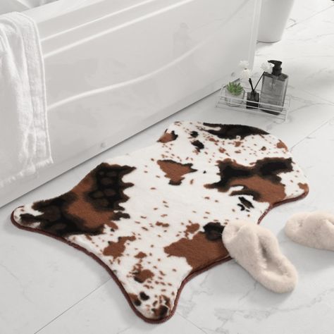 PRICES MAY VARY. NON-SLIP RUBBER BACKING: The non-slip TPR backing keeps the cow print bathroom rug securely in place, preventing any slips and falls in the bathroom. The durable backing is safe for all types of flooring and won't damage or leave any marks. EASY TO CLEAN: Our flocked carpet is easy to clean and maintain. Simply shake out the loose dirt and debris or spot clean with a damp cloth and mild detergent. The cow print bath mat is also machine washable for easy care. SOFT AND THICK: Our Fluffy Bathroom Rugs, Western Living Room Decor, Cow Print Rug, Western Bathroom Decor, Western Bathroom, Cow Rug, Cow Cute, Rugs Washable, Cute Bath Mats