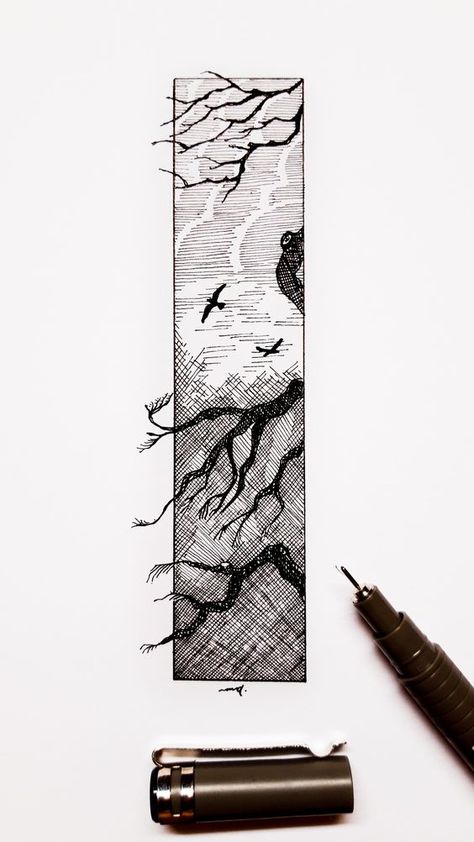 44 Intricate black ink landscape drawing with birds on a branch, beside an open black pen and a pen cap on a white background. | Sky Rye Design Liner Art Drawing, Landscape Etching, Black Pen Sketches, Inking Art, Black Pen Drawing, Ink Landscape, Background Sky, Fineliner Art, Pen Art Work