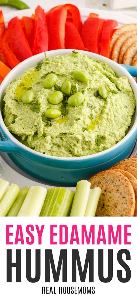 Edamame Hummus is a protein-packed appetizer that is light and delicious and whips up quickly for the perfect St. Patrick's Day starter! #Realhousemoms #edamame #hummus #appetizer #healthysnack #stpatricks #quickrecipe #protein Unique Hummus Recipe, How To Make Edamame, Edamame Hummus Recipe, Edamame Recipes Salad, Edamame Dip, Easy Bean Recipes, Vegetarian Dip, Edamame Hummus, White Bean Hummus