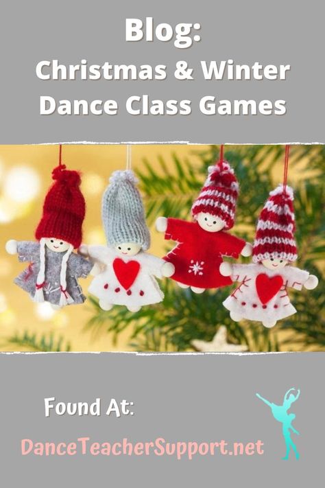 This is a picture of four knitted doll ornaments hanging on a Christmas tree. The ornaments are designed in a Nordic theme with the colors of grey, white and red. Two of the dolls have red hearts on their chests. In the background in is a blurry green fur tree. Dance Teacher Support released a blog with Christmas and winter games for your dance classroom. Winter Dance Themes, Dance Class Games, Christmas Themed Games, Ballet Games, Dance Classroom, Dance Class Ideas, Elf Socks, Christmas Games To Play, Games For All Ages