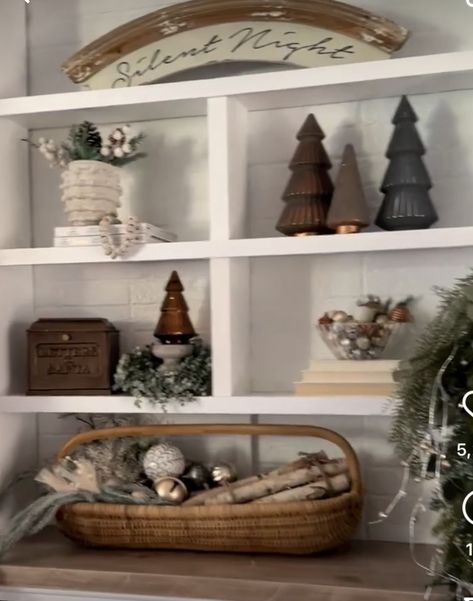 Christmas Open Shelf Decor, Christmas Shelving Decor Ideas, Open Shelves Christmas Decor, Christmas Decor For Shelves Living Rooms, Floating Shelf Christmas Decor Living Room, Shelf Christmas Decor Ideas, Holiday Floating Shelf Decor, Shelf Christmas Decor, Winter Dough Bowl Decor