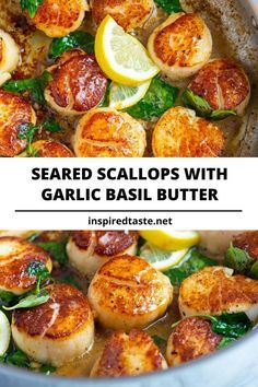 Garlic Basil Butter, Seafood Crepes, Garlic Scallops, Basil Butter, Pan Seared Scallops, Seared Scallops, Scallop Recipes, Pescatarian Recipes, Scallops Seared