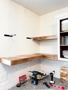 Diy Floating Shelves Kitchen, Floating Kitchen Shelves, Floating Kitchen, Diy Kitchen Shelves, Kitchen Floating Shelves, Floating Shelves Kitchen, Floating Corner Shelves, Build Floating Shelves, Wall Shelves Design